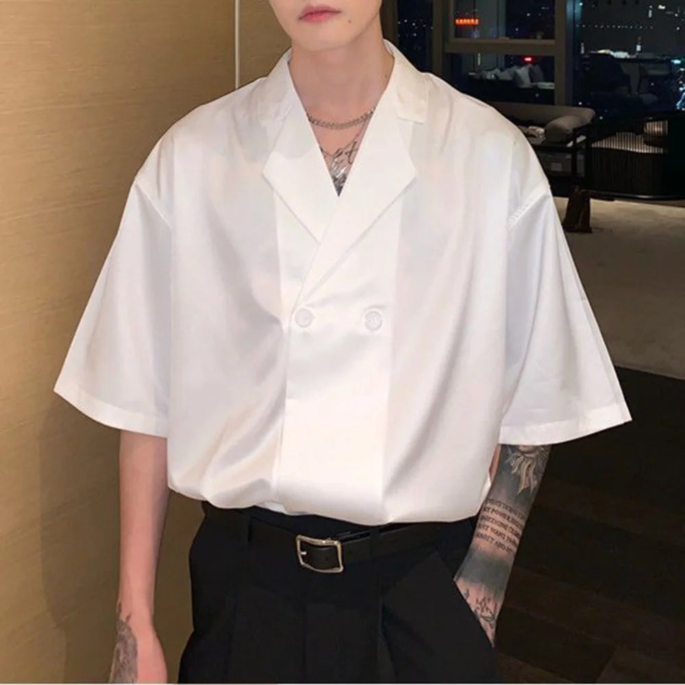 Hearujoy Niche Cuban Collar Short Sleeve Shirt Men Summer Thin Design Ice Silk Drape Shirts Korean Fashion Satin Blouse Unisex Streetwear