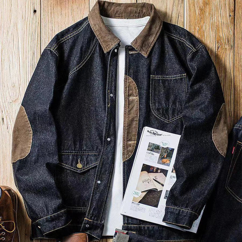 Hearujoy Vintage Denim Jackets Men Retro Cargo Jacket Coats Outerwear Coat for Men Distressed Streetwear Japanese Patchwork