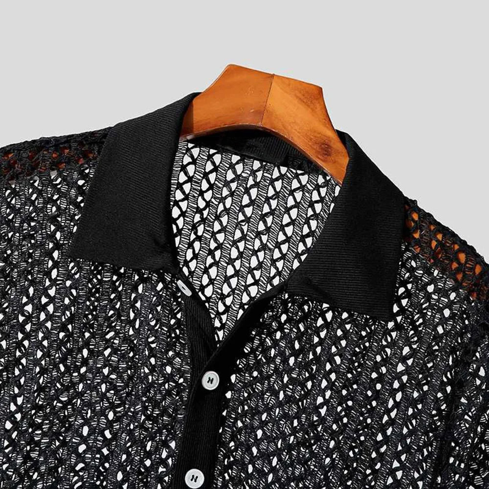 HEARUJOY  -  Mens Shirt Hollow Perspective Mesh Casual T-Shirt Niche Personality Breathable Versatile Sexy Tops Men'S Clothing Summer New