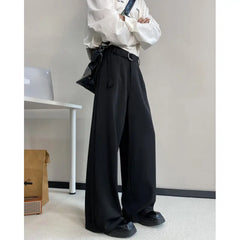 HEARUJOY  -  Belt Suit Pants Men Fashion Society Mens Black Dress Pants Korean Loose Wide Leg Pants Mens Office Formal Trousers Plus Size