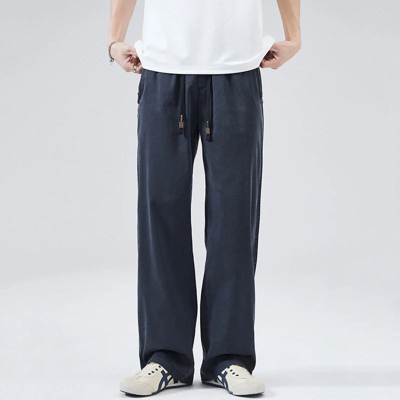 HEARUJOY  -  Men's Summer Casual Pants Men Trendy Loose Fit Versatile Wide Leg Draped Straight Long Trsouers Elastic Waist