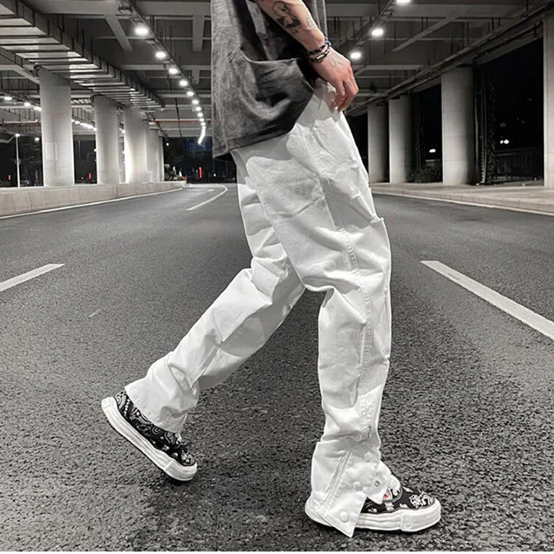 Hearujoy Mens Hole Ripped White Ankle Zipper Button Jeans Pants Straight Pockets Solid Color High Street Retro Loose Denim Trousers