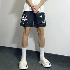 Hearujoy American Basketball Sports Shorts Men Trend Y2k Street Loose Pentagram Print Knee-length Pants Fitness Breathable Casual Pants