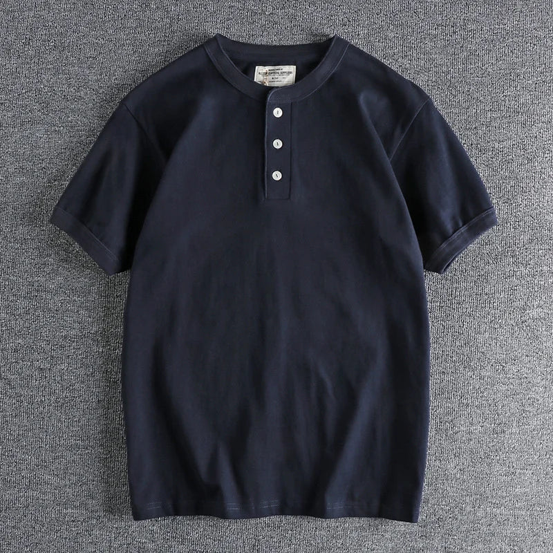 HEARUJOY  -  Tough Guy Style Heavyweight Wash Cotton Henry Neck Short Sleeve T-shirt Men's Summer Personalized Versatile Tops Tee Sold Color