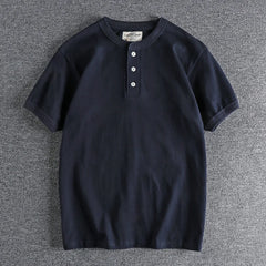 HEARUJOY  -  Tough Guy Style Heavyweight Wash Cotton Henry Neck Short Sleeve T-shirt Men's Summer Personalized Versatile Tops Tee Sold Color