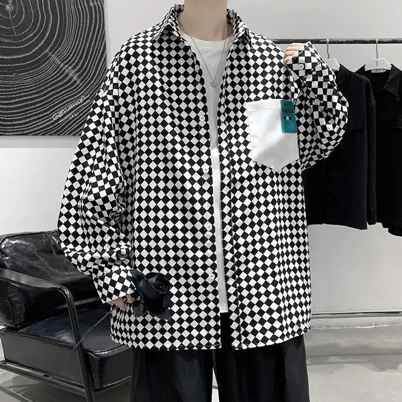 Hearujoy New Plaid Loose Casual Long Sleeved Shirt for Men Trendy Instagram Collar Top Clothes Stylish Jacket for Men
