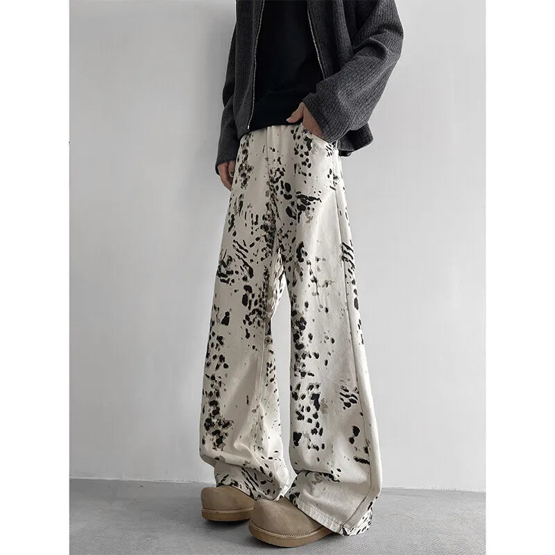 HEARUJOY  -  Beige Baggy Jeans Men Fashion Retro Leopard Print Jeans Men Streetwear Hip-hop Loose Wide Leg Jeans Mens Vintage Denim Pants