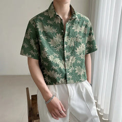 HEARUJOY  -  Loose Maple Leaf Flower Shirt Men's Short-sleeved Mature Style Casual Five-point Sleeves