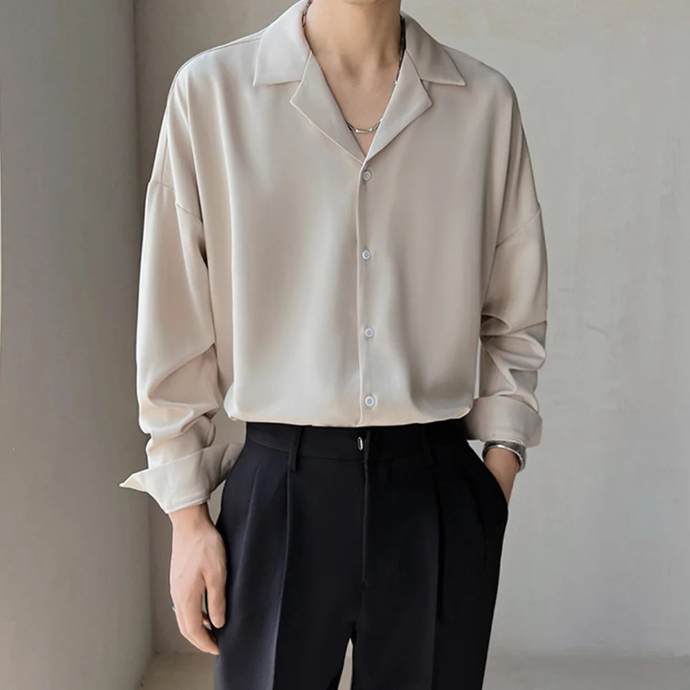 HEARUJOY  -  Casual Drape Shirt Trendy Button Up For Everyday Wear Casual Drape Shirt For Men All Seasons Wear Daily Use Apparel