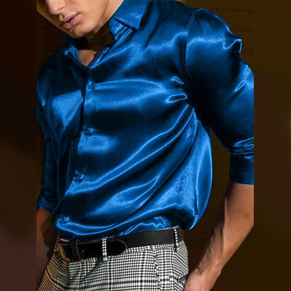 HEARUJOY  -  Men's Satin Silk Dress Shirt Long Sleeve Casual Button Down Shirts Disco Club Fashion Blouse Top New
