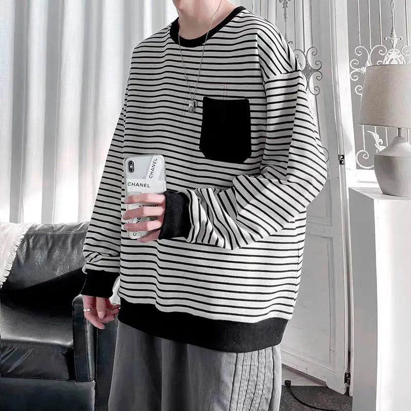 HEARUJOY  -  Men Trendy Striped Patchwork Streetwear Y2K Oversize Basic T-shirt Japanese Style Round Neck Long Sleeve Cotton Tops Ropa Hombre