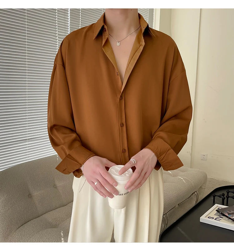 HEARUJOY  -  Long Sleeved Shirt Men Oversized Fashion Social Mens Dress Shirt Korean Loose Ice Silk White Shirt Mens Office Formal Shirts