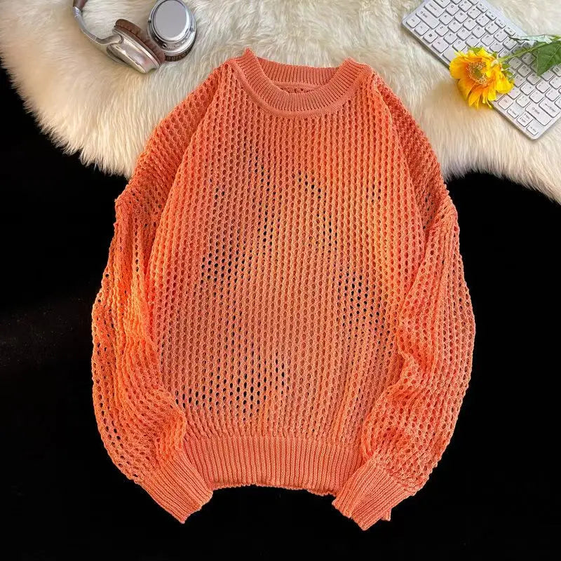 HEARUJOY  -  Hollow Hole Men Women knitted Tshirts High Street Fashion Loose Long Sleeved Top Autumn Sexy Mesh Knit Sweater Pullover Unisex
