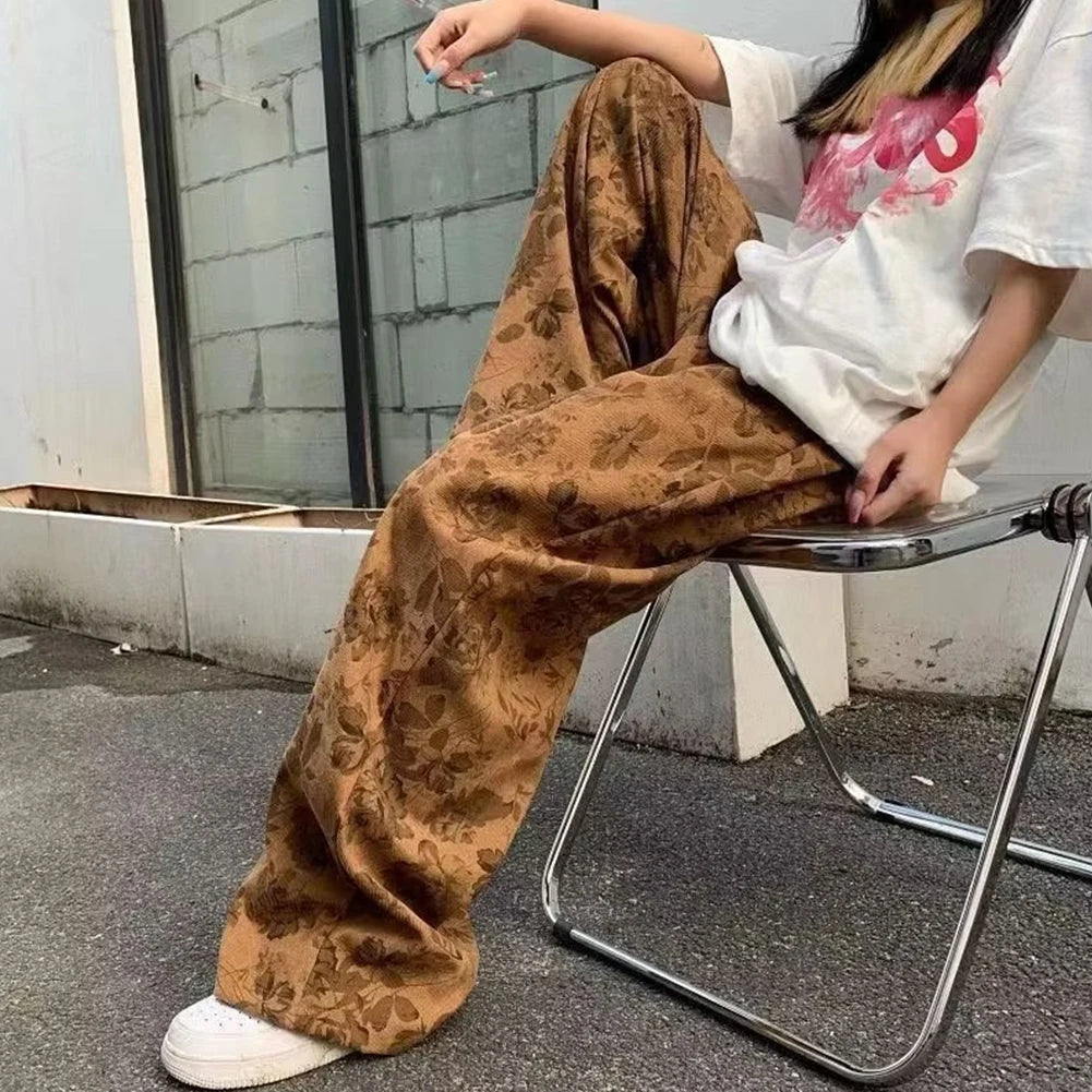 HEARUJOY  -  Men Loose Vintage Casual Jogging Pants Printing Korean Style High Street Trouser Wide Leg Streetwear