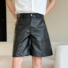 Hearujoy Niche Style Men's Shorts Casual Leather Straight Male Trousers Wide Leg Loose Bottom Stylish Pockets Summer 9C6373