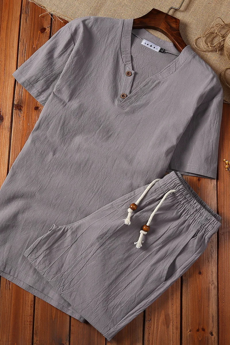 HEARUJOY  -  5XL Summer Loose-fit Vintage Casual Cotton Linen Suit For Men Chinese Style Long Sleeve T-shirt Shorts Two-piece Set