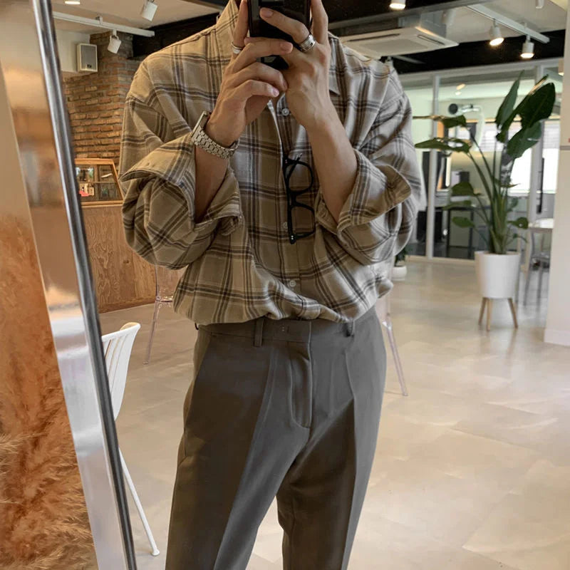 HEARUJOY  -  Spring Cotton Long Sleeve Shirt Men Fashion Retro Khaki Black Plaid Shirts Mens Korean Loose Oversized Casual Shirt Men M-2XL