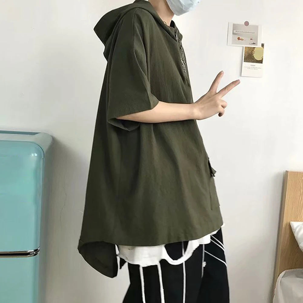 HEARUJOY  -  Pullover Men Tops Hoodie Loose Pocket Polyester Casual Harajuku Hip Hop Hooded Short Sleeve Solid Color Sweatshirt