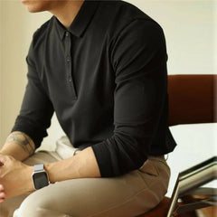 HEARUJOY  -  New American Retro Men Polo Shirt Light Luxury Solid Color Slim-fit Commuting Long Sleeve T-shirt Leisure Business Pullover Tops