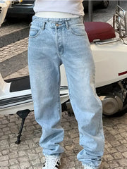 HEARUJOY  -  Men'S Vintage Washed Blue Loose Fit Jeans - Casual Straight Leg Denim Pants with Zipper Fly, All-Season Comfort, Mid Waist, Casual