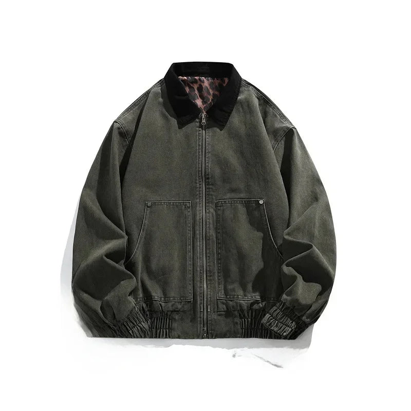 HEARUJOY  -  Men's Jacket Men's Workwear Collared Outerwear Vintage Pure Cotton Leopard Print Detroit Jacket Mens Leather Bomber Jacket Denim