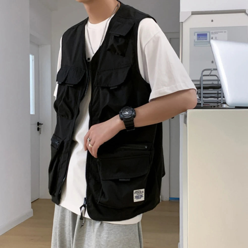 HEARUJOY  -  Beach Holiday Green Men Cargo Vest Multi-pocket Sleeveless Vest Loose Fit Waistcoat Good For Vacation Polyester Fabric
