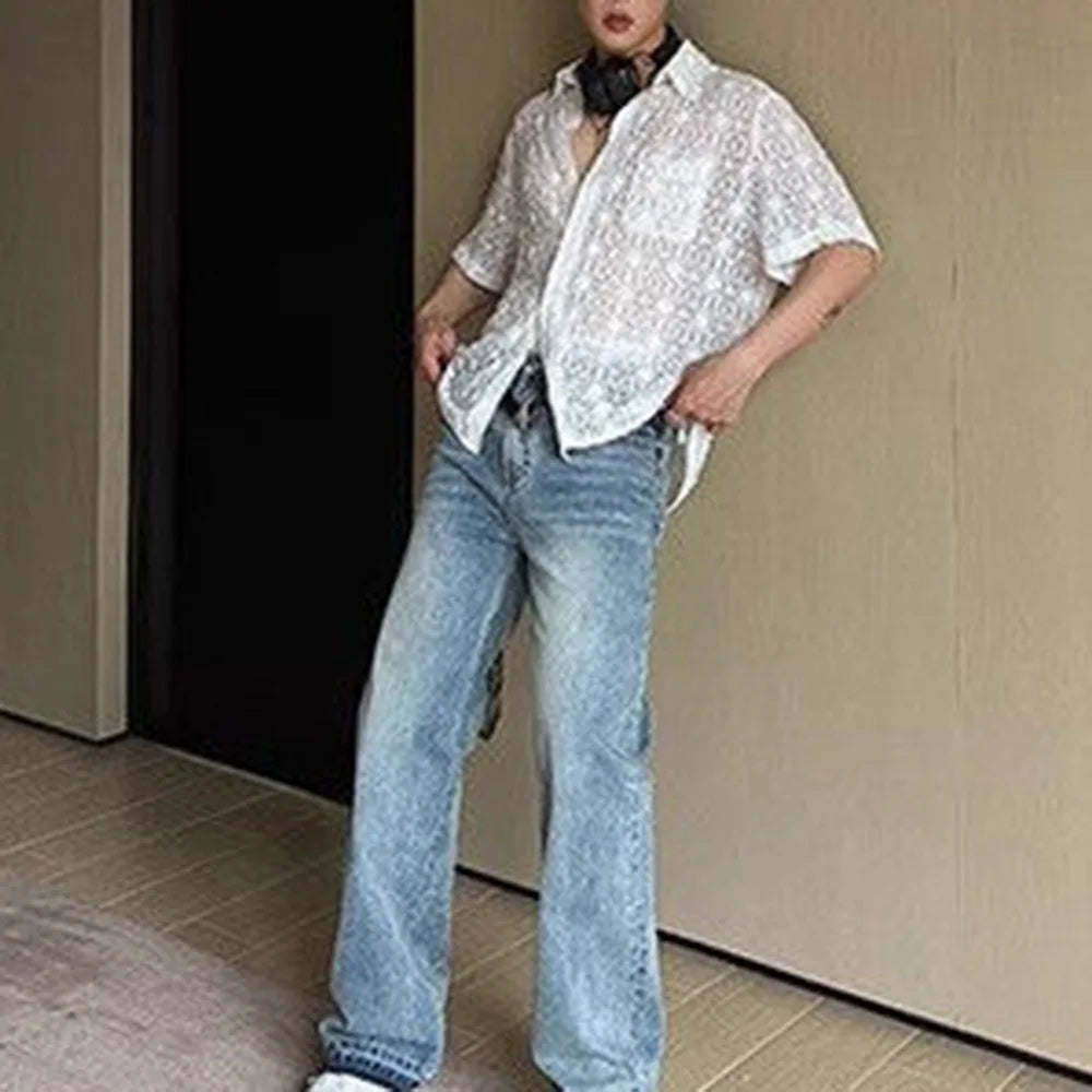 HEARUJOY  -  Mens Shirt Lace See-Through Transparent Geometric Shirt Summer Beach Vacation Hawaiian Slim Short Sleeve Top Men'S Clothing