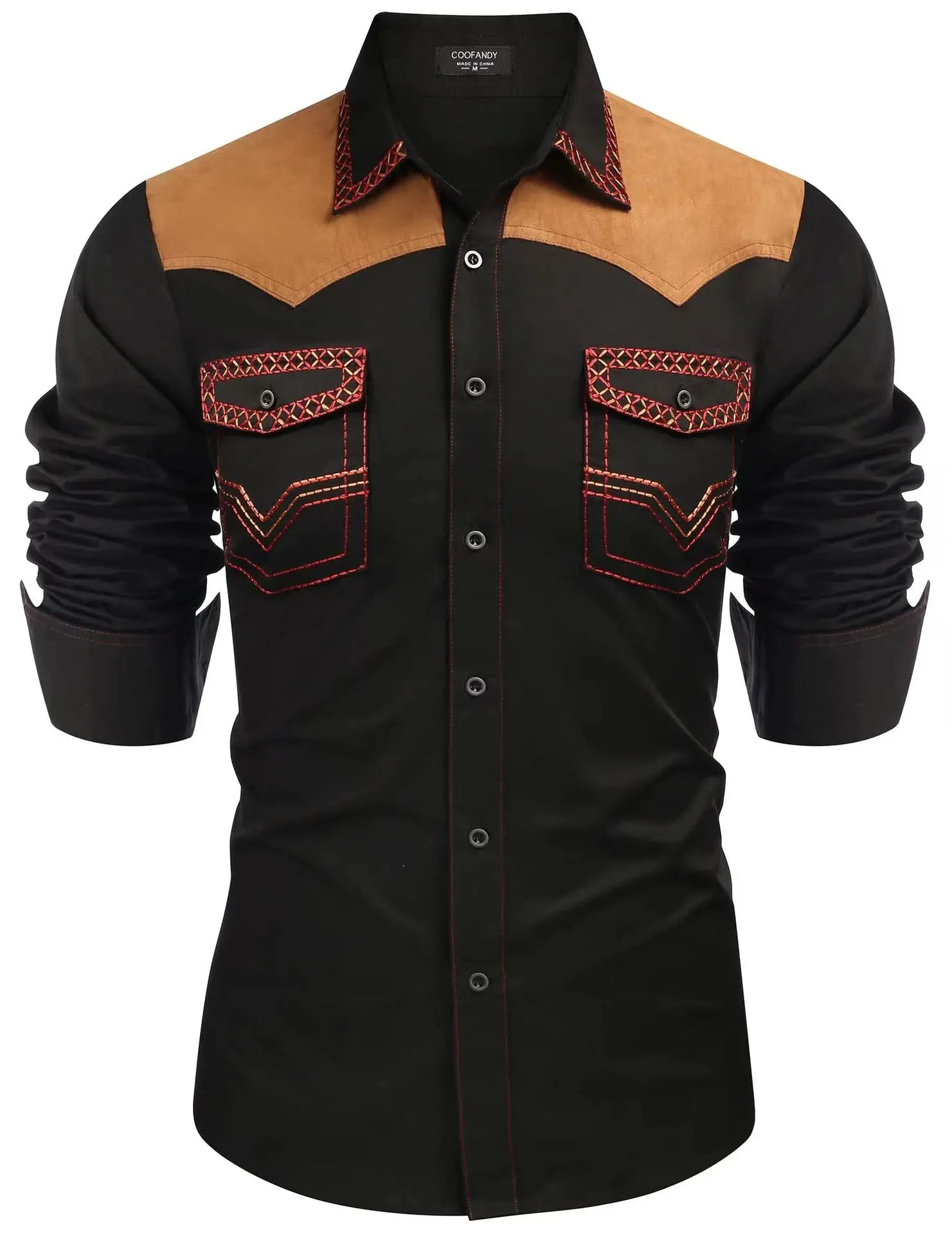 HEARUJOY  -  Men's Western Shirt, Long-sleeved Denim Shirt, Men's Casual Buttoned Color-blocked Shirt Top