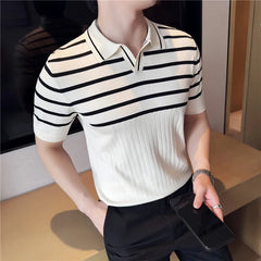 HEARUJOY  -  Men's Summer Ice Silk Slim  Polo Shirt - Striped Knit Color-Blocked V-Neck Short Sleeve Top for Breathable Stylish Casual Wear