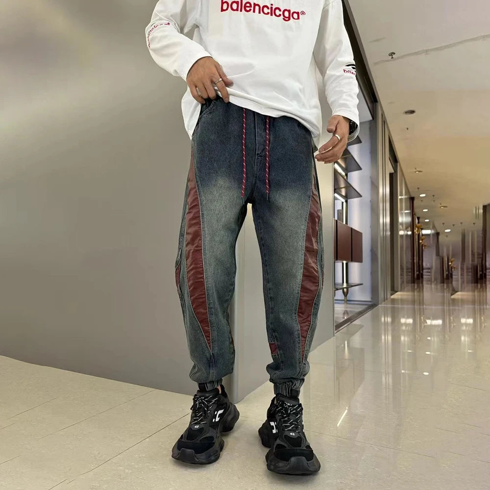 Hearujoy Mens Street Hip-Hop Y2k Jeans Autumn New Fashion Trend Contrast Color Stitching Trousers Loose Slim Elastic Waist Harem Pants