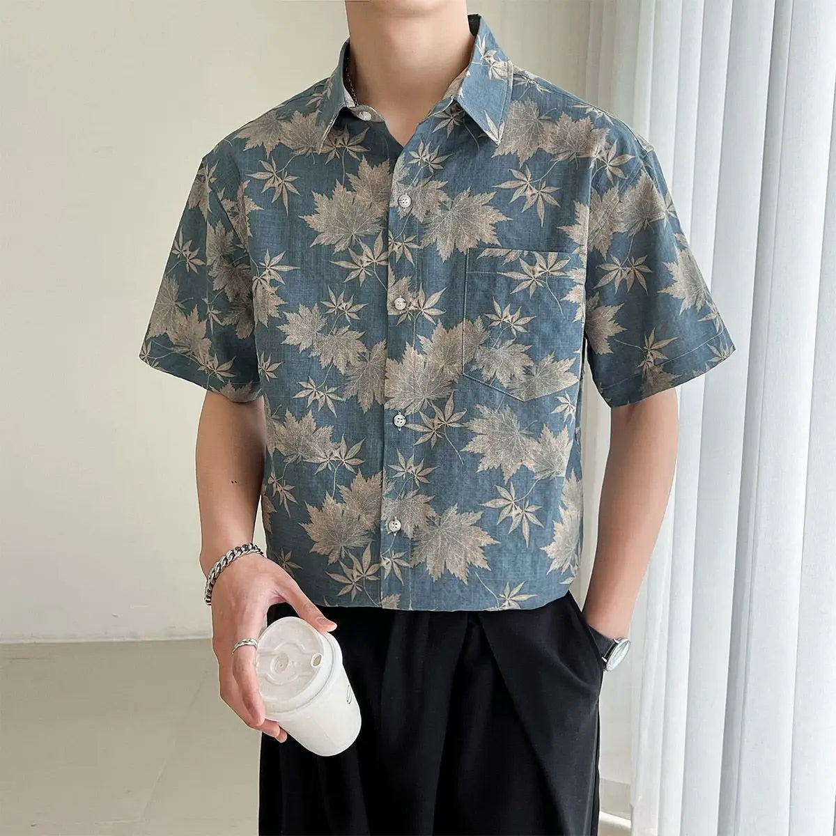 HEARUJOY  -  Loose Maple Leaf Flower Shirt Men's Short-sleeved Mature Style Casual Five-point Sleeves