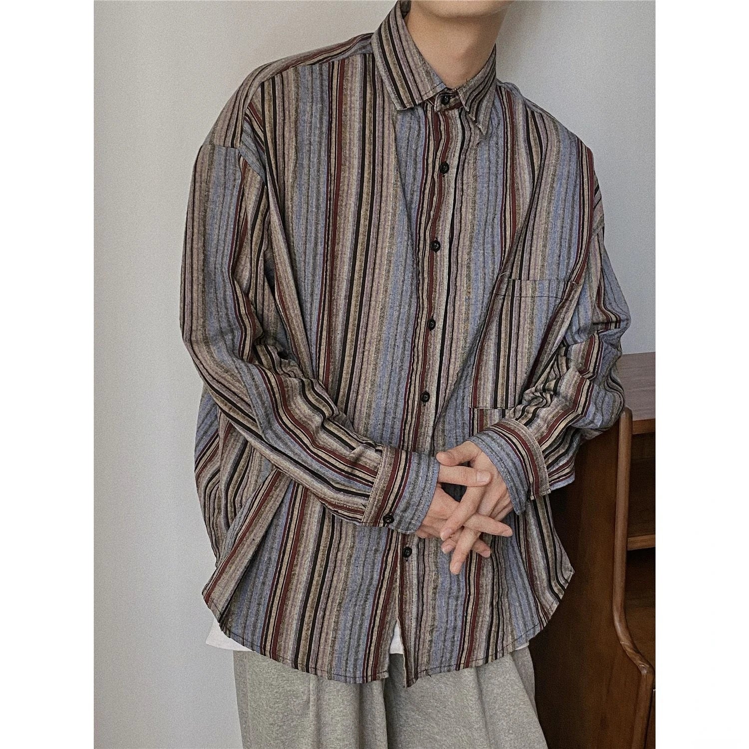 Hearujoy Autumn Cityboy Loose Japanese Retro Vertical Striped Shirt for Men and Women Long Sleeve Lapel Fashion Designer Shirt Jacket