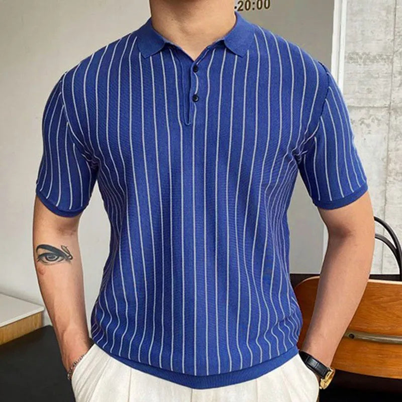 Hearujoy Men'sCasual Striped Knitted Polo Shirt Streetwear Button Down Short Sleeve Tees for Men Breathable Vintage Luxury Clothing