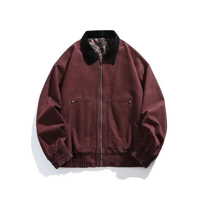 HEARUJOY  -  Men's Jacket Men's Workwear Collared Outerwear Vintage Pure Cotton Leopard Print Detroit Jacket Mens Leather Bomber Jacket Denim