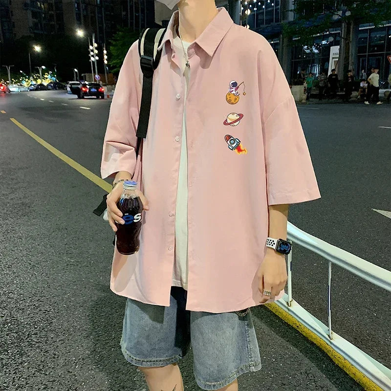 HEARUJOY  -  Men's Oversized Shirts White Mens Fashion Blouse Funny 5xl Oversize Half Sleeves Dress Shirt for Men Print New Clothing Casual
