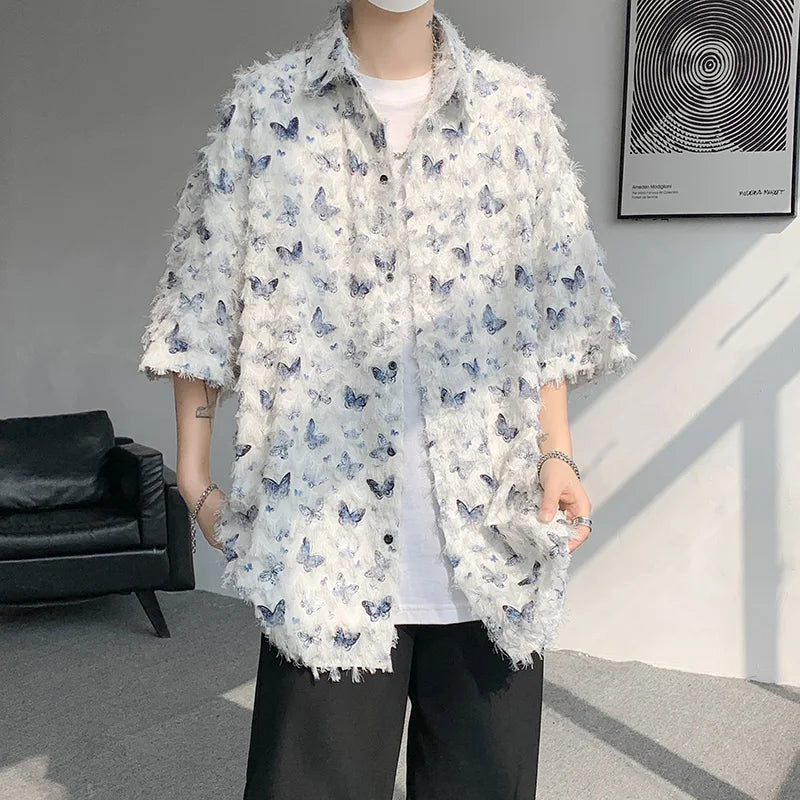 Hearujoy Summer Butterfly Tassel Splice Shirt Men Loose Casual Short Sleeve Shirts Women Oversize Streetwear Boy Girl Blouses White