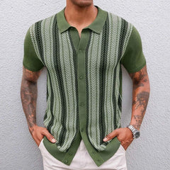 HEARUJOY  -  Summer Men's Color Matching Striped Jacquard Knitted Short-Sleeved Shirt Casual Fashion Trend Loose Breathable Daily Men's Tops