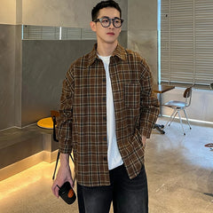 Hearujoy Spring Clothing Men's Luxury Pullover Texture Plaid Shirts Lapel Korean Vintage Long Sleeve Premium Casual Check 2024 New