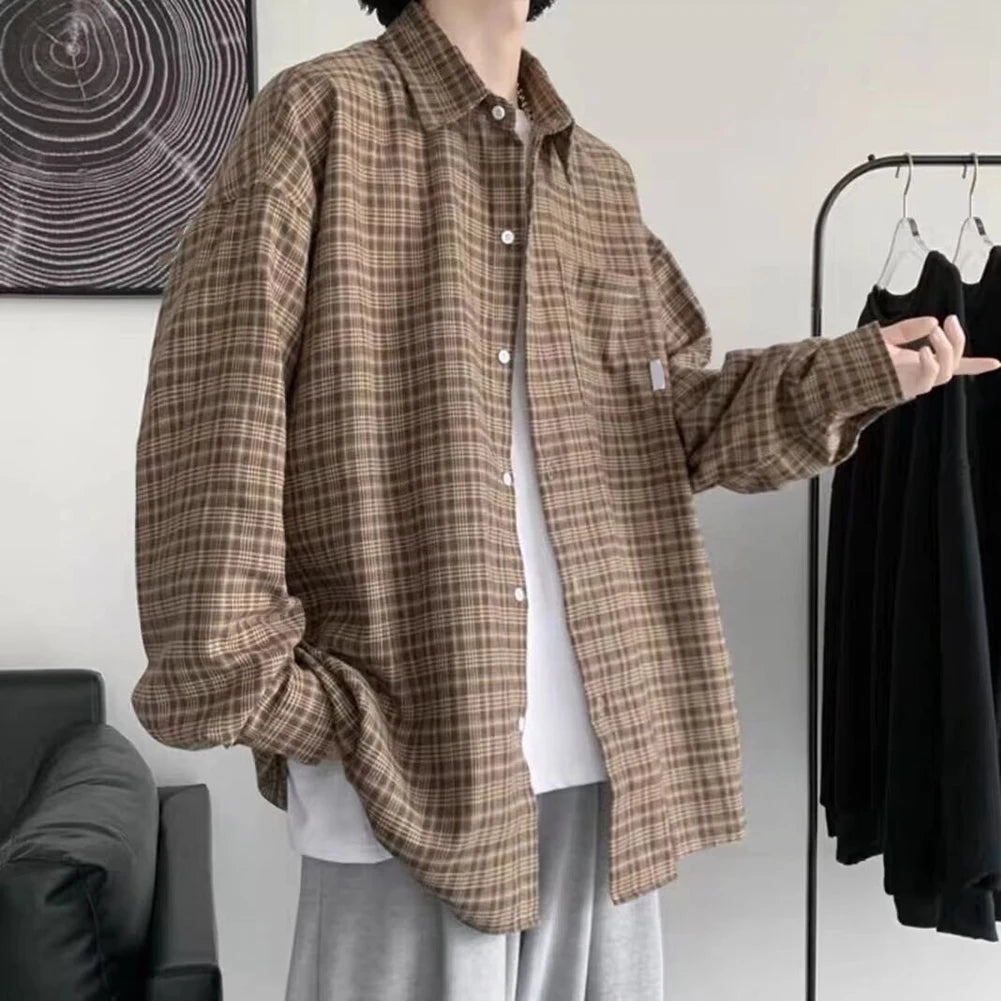 HEARUJOY  -  2XL Mens Plaid Shirt Lapel Shirt All Seasons Buttoned Closure Long Sleeves Slight Stretch Shirt For Daily Wear