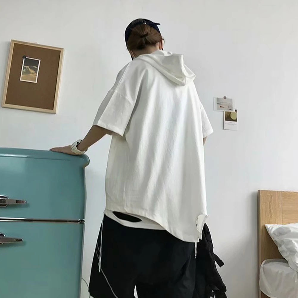 HEARUJOY  -  Pullover Men Tops Hoodie Loose Pocket Polyester Casual Harajuku Hip Hop Hooded Short Sleeve Solid Color Sweatshirt