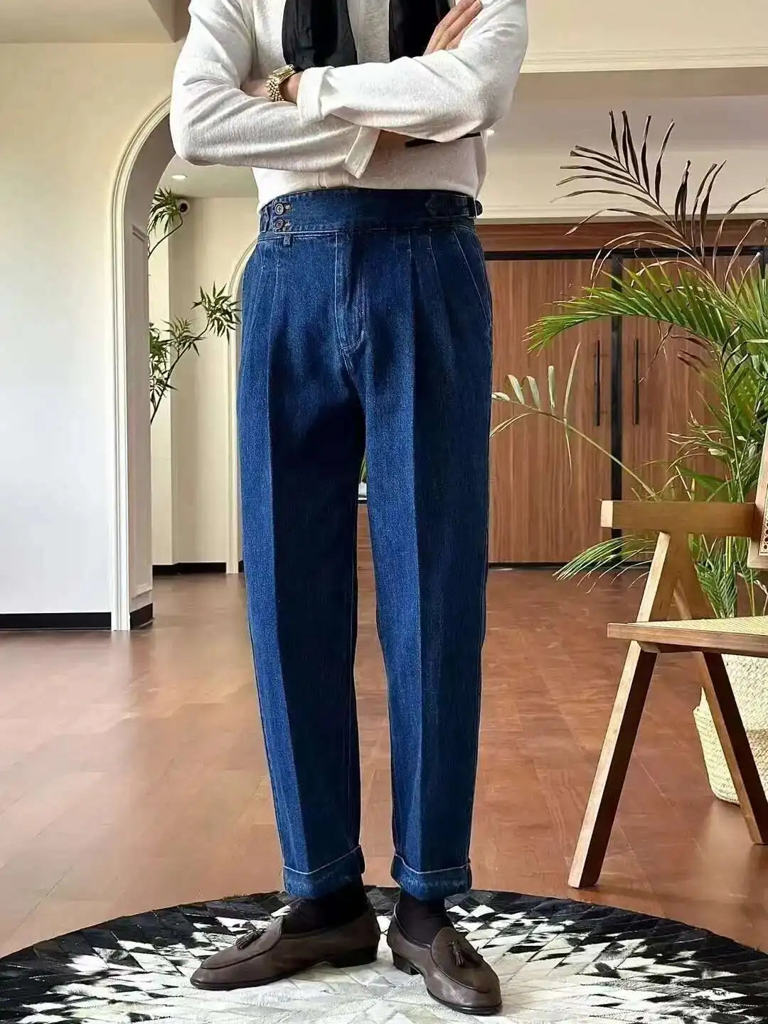 HEARUJOY  -  High Quality Double Pleated Jeans Straight Leg Pant Naples Straight Tube Loose Washed High Grade Business Pant Men Dress Trouser