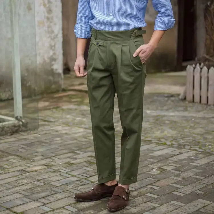 HEARUJOY  -  Vintage Green Gurkha Pants For Men Adjustable Waist Buckle Cotton Naples Trousers Fashion Casual Loose Ankle-Length Cargo Pants