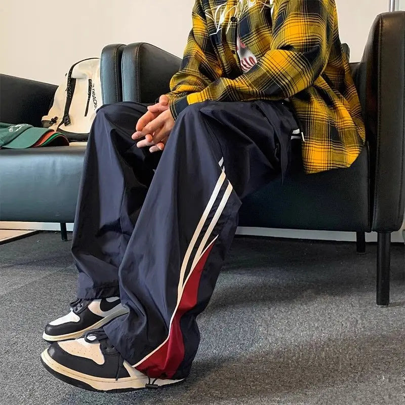 HEARUJOY  -  American College Style Striped Casual Pants Men's Spring Trendy Brand Loose High Street Retro Straight Wide-leg Sports Pants