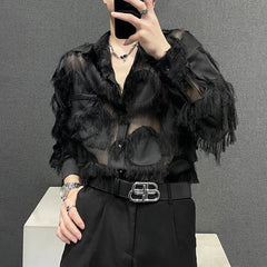 Hearujoy Men Sexy Mesh See-Through Feather Tassel Long-Sleeve Shirt Autumn Genderless Nightclub Personalized Stage Performance Top Unisex