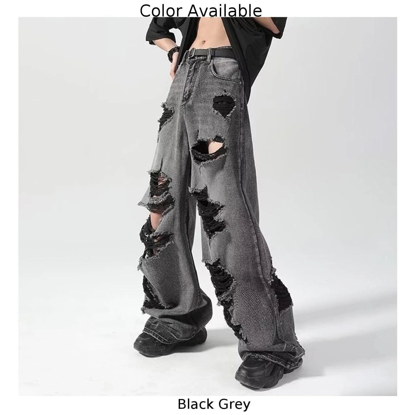 HEARUJOY  -  Men Vintage High Waist Baggy Hole Pants Fashion Hip Hop Gothic Wide Leg Jeans Casual Loose Trouser 2025