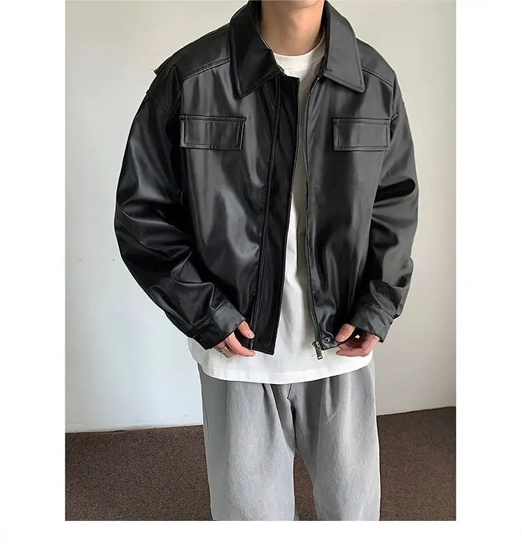 HEARUJOY  -  Men's Casual Texture PU Leather Jacket High Street Zippers Turn-down Collar Long Sleeve Retro Coat with Pocket Spring Autumn
