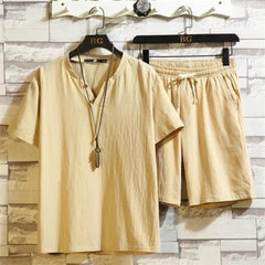 HEARUJOY  -  Cotton Linen T-shirts Shorts Suits for Men V-neck Plain Sports Novelty in New Tops & Tees Aesthetic Kpop Regular Fit Man Sets
