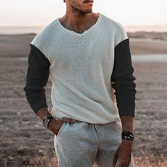 HEARUJOY  -  Men's Casual Knitted Sweater, Long Sleeve, Patchwork Color, O-Neck Tees Top, Loose Hollowed Breathable Knitwear, Streetwear
