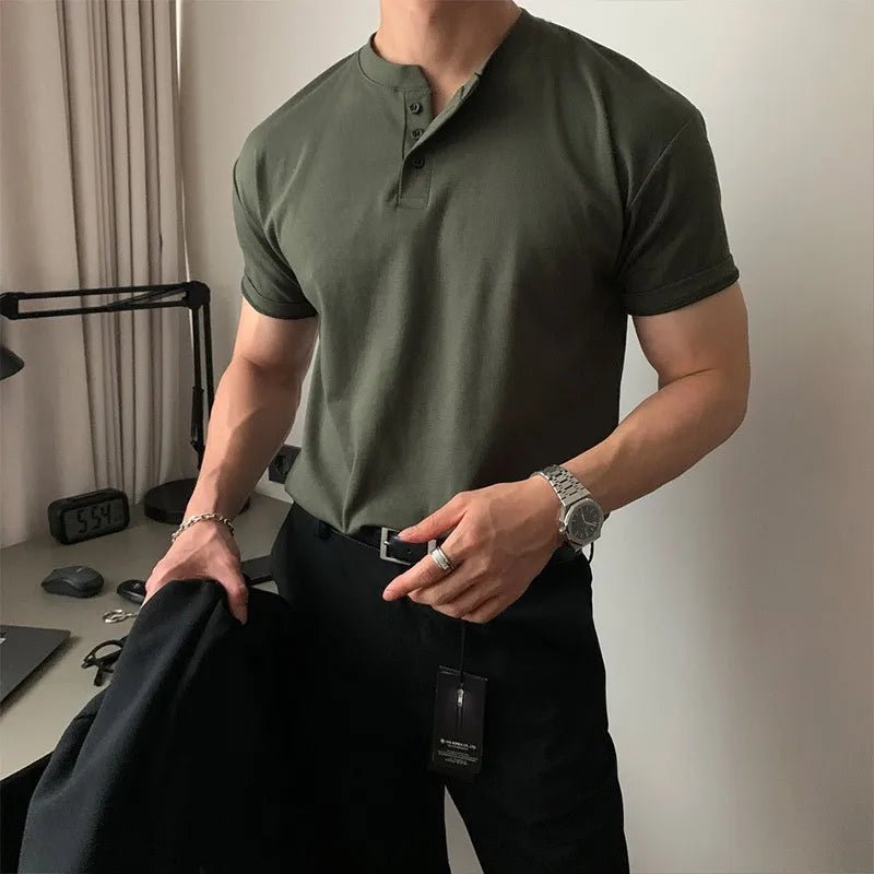 HEARUJOY  -  New Men Light Luxury Henry Collar T-Shirt Leisure Button-down Solid Color Short Sleeve Korean Style 2025 Summer Streetwear M-3XL