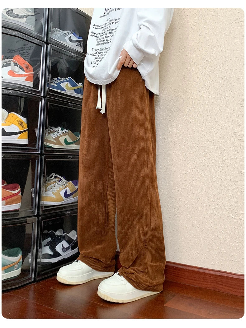 HEARUJOY  -  Autumn Loose Corduroy Pants Men Casual Baggy Pleated Pants Straight Joggers Design Wide Leg Trousers American Sensual Pants Men